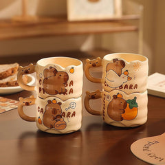Cute Capybara Ceramic Mug with Animal Silhouette Handle | Aesthetic 300ml Wavy Coffee Cup & Water Glass for Office & Home