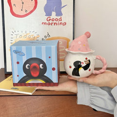 Cute Penguin Ceramic Mug with Sleeping Hat Lid & Twist Handle | Aesthetic Chubby Coffee Cup with Matching Gift Box for Office & Birthday Present