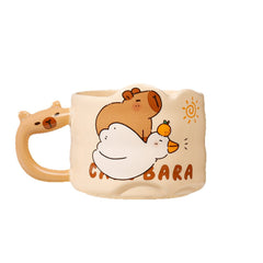 Cute Capybara Ceramic Mug with Animal Silhouette Handle | Aesthetic 300ml Wavy Coffee Cup & Water Glass for Office & Home