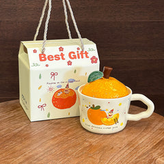 Cute Orange-Shaped Ceramic Mug with Fruit Lid & Gift Box | Aesthetic 330ml Irregular Coffee Cup with Wavy Handle for Office & Birthday Gift