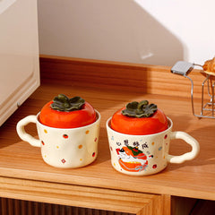 cute persimmon cat ceramic mug with lid on cozy coffee table