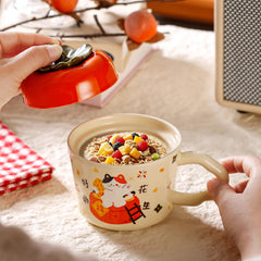 cute persimmon cat ceramic mug with lid on cozy coffee table