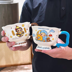 Cute Cartoon Pedestal Ceramic Mug with Two-Tone Handle & Gift Box | Aesthetic 380ml Wavy Footed Coffee Cup for Girls & Birthday Present