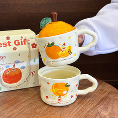 Cute Orange-Shaped Ceramic Mug with Fruit Lid & Gift Box | Aesthetic 330ml Irregular Coffee Cup with Wavy Handle for Office & Birthday Gift