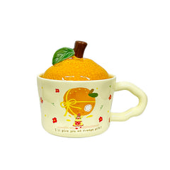 Cute Orange-Shaped Ceramic Mug with Fruit Lid & Gift Box | Aesthetic 330ml Irregular Coffee Cup with Wavy Handle for Office & Birthday Gift