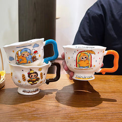 Cute Cartoon Pedestal Ceramic Mug with Two-Tone Handle & Gift Box | Aesthetic 380ml Wavy Footed Coffee Cup for Girls & Birthday Present