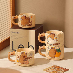 Cute Capybara Ceramic Mug with Animal Silhouette Handle | Aesthetic 300ml Wavy Coffee Cup & Water Glass for Office & Home