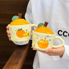 Cute Orange-Shaped Ceramic Mug with Fruit Lid & Gift Box | Aesthetic 330ml Irregular Coffee Cup with Wavy Handle for Office & Birthday Gift