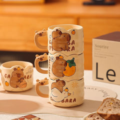 Cute Capybara Ceramic Mug with Animal Silhouette Handle | Aesthetic 300ml Wavy Coffee Cup & Water Glass for Office & Home