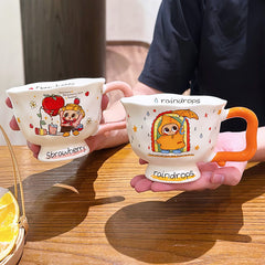 Cute Cartoon Pedestal Ceramic Mug with Two-Tone Handle & Gift Box | Aesthetic 380ml Wavy Footed Coffee Cup for Girls & Birthday Present