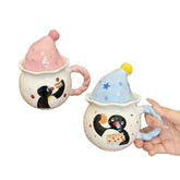 Cute Penguin Ceramic Mug with Sleeping Hat Lid & Twist Handle | Aesthetic Chubby Coffee Cup with Matching Gift Box for Office & Birthday Present