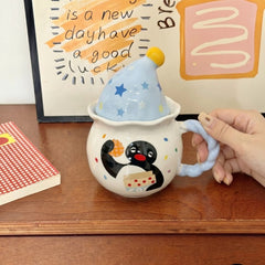 Cute Penguin Ceramic Mug with Sleeping Hat Lid & Twist Handle | Aesthetic Chubby Coffee Cup with Matching Gift Box for Office & Birthday Present