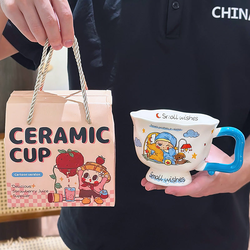 Cute Cartoon Pedestal Ceramic Mug with Two-Tone Handle & Gift Box | Aesthetic 380ml Wavy Footed Coffee Cup for Girls & Birthday Present