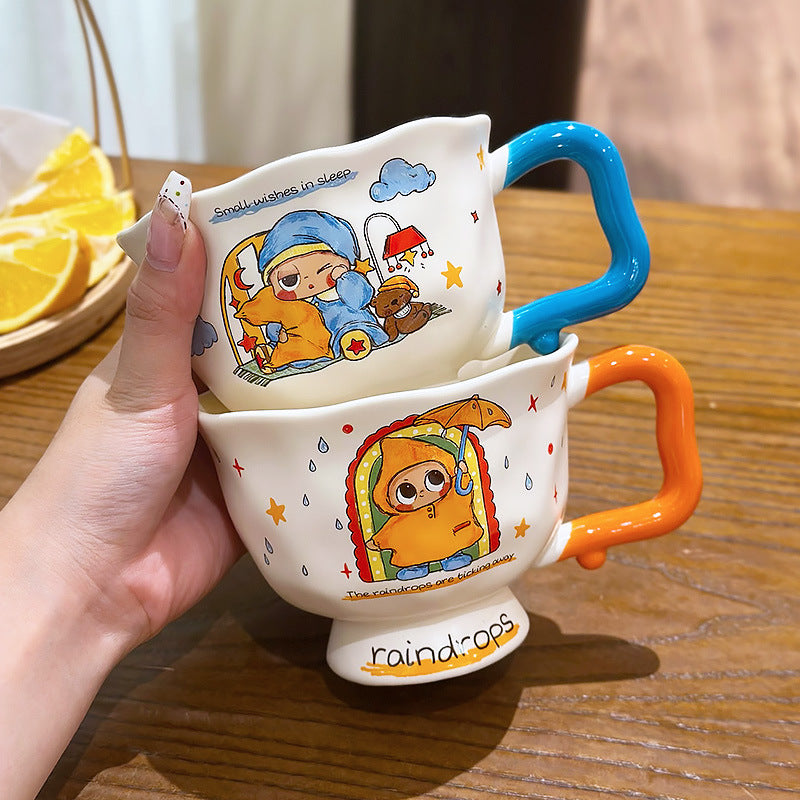 Cute Cartoon Pedestal Ceramic Mug with Two-Tone Handle & Gift Box | Aesthetic 380ml Wavy Footed Coffee Cup for Girls & Birthday Present