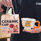 Cute Cartoon Pedestal Ceramic Mug with Two-Tone Handle & Gift Box | Aesthetic 380ml Wavy Footed Coffee Cup for Girls & Birthday Present