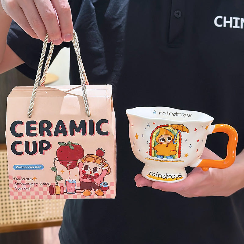 Cute Cartoon Pedestal Ceramic Mug with Two-Tone Handle & Gift Box | Aesthetic 380ml Wavy Footed Coffee Cup for Girls & Birthday Present