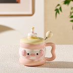cute animal ceramic mug with lid on cozy desk setup