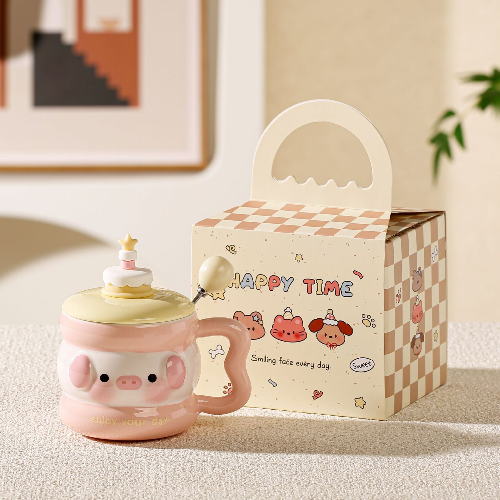 cute animal ceramic mug with lid on cozy desk setup