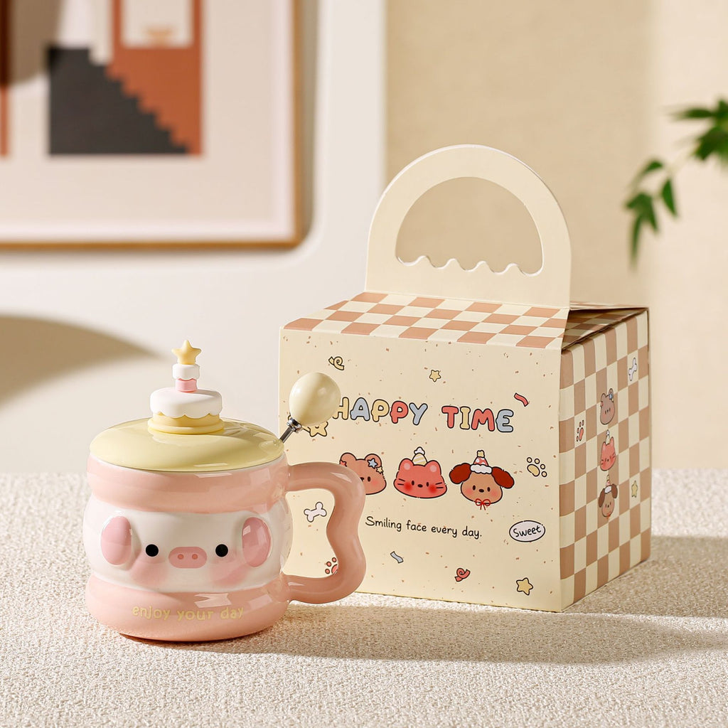 cute animal ceramic mug with lid on cozy desk setup