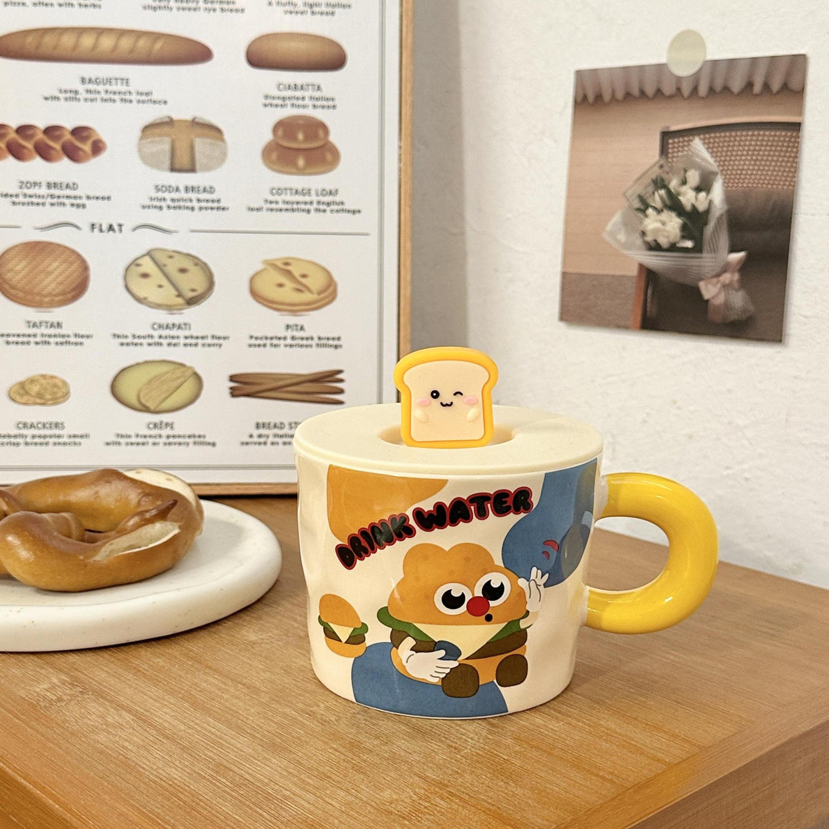 Cute Bread Ceramic Mug With Lid
