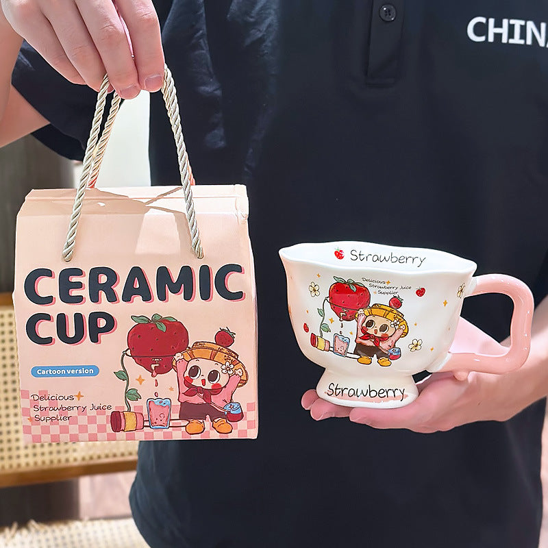 Cute Cartoon Pedestal Ceramic Mug with Two-Tone Handle & Gift Box | Aesthetic 380ml Wavy Footed Coffee Cup for Girls & Birthday Present