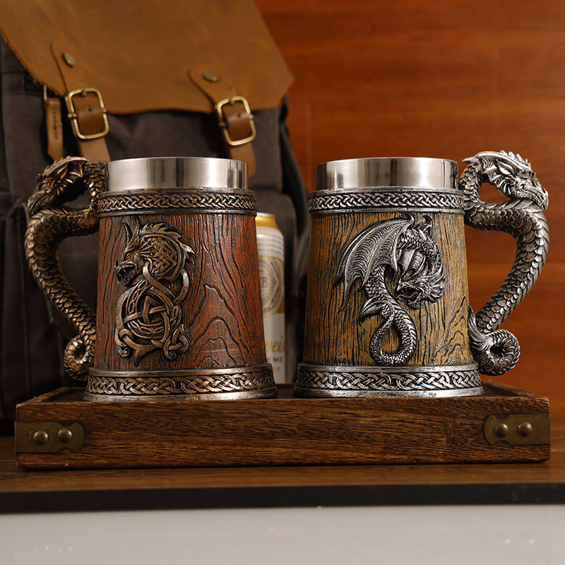 Mythical Dragon Medieval Tavern Beer Mug - Insulated Stainless Steel Tankard with Dragon Handle
