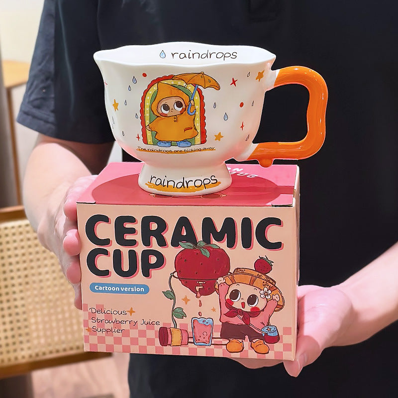 Cute Cartoon Pedestal Ceramic Mug with Two-Tone Handle & Gift Box | Aesthetic 380ml Wavy Footed Coffee Cup for Girls & Birthday Present