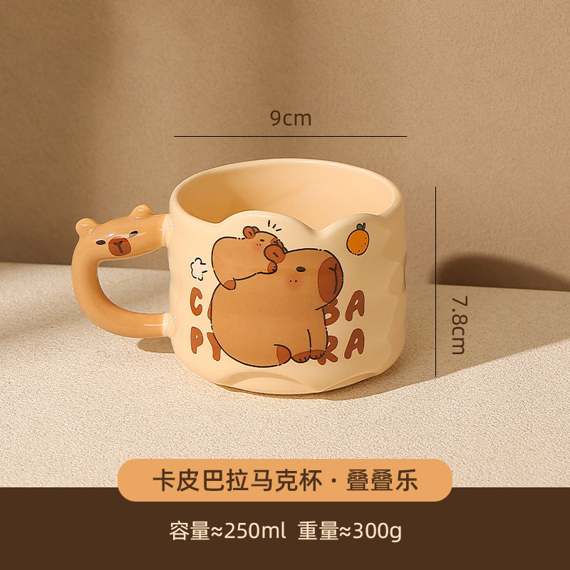 Cute Capybara Ceramic Mug with Animal Silhouette Handle | Aesthetic 300ml Wavy Coffee Cup & Water Glass for Office & Home