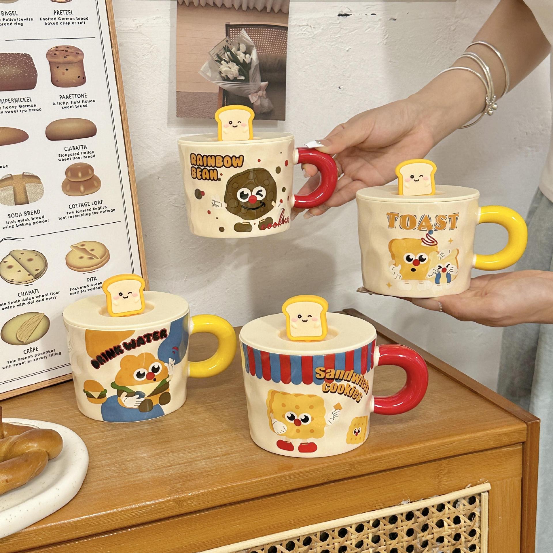 Cute Bread Ceramic Mug With Lid
