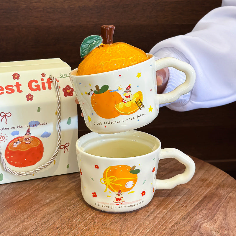 Cute Orange-Shaped Ceramic Mug with Fruit Lid & Gift Box | Aesthetic 330ml Irregular Coffee Cup with Wavy Handle for Office & Birthday Gift