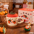 cute persimmon cat ceramic mug with lid on cozy coffee table