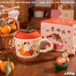 cute persimmon cat ceramic mug with lid on cozy coffee table