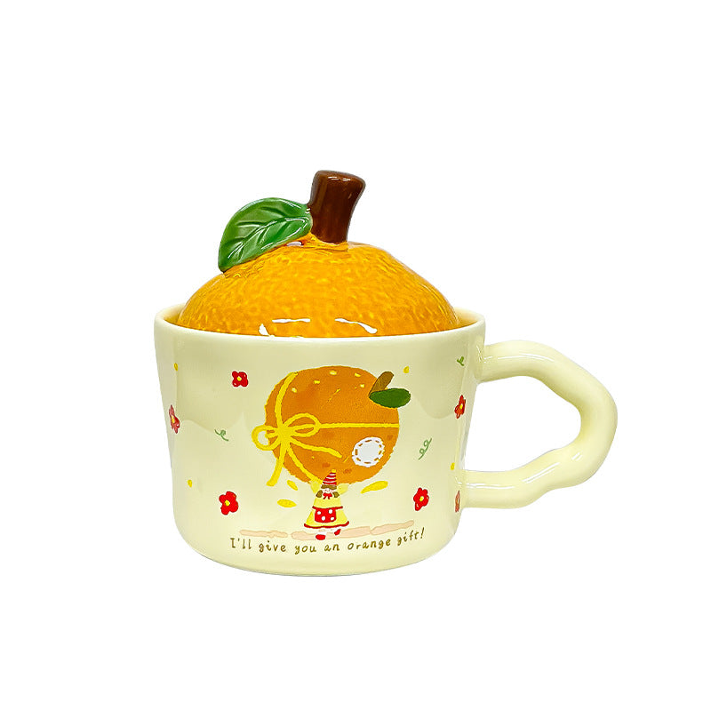 Cute Orange-Shaped Ceramic Mug with Fruit Lid & Gift Box | Aesthetic 330ml Irregular Coffee Cup with Wavy Handle for Office & Birthday Gift