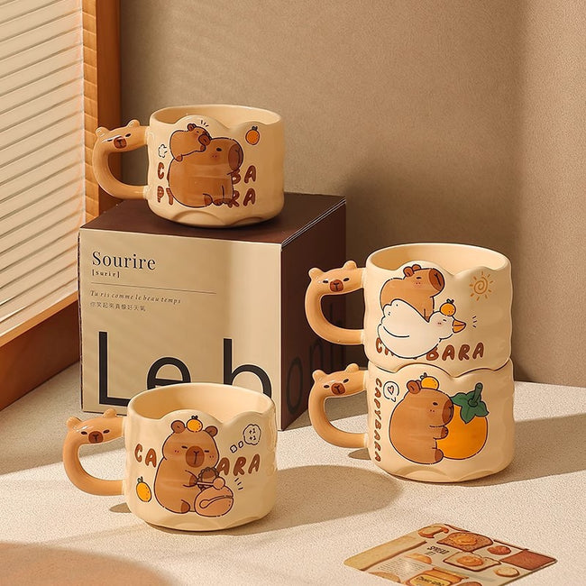 Cute Capybara Ceramic Mug with Animal Silhouette Handle | Aesthetic 300ml Wavy Coffee Cup & Water Glass for Office & Home Main Image
