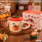 cute persimmon cat ceramic mug with lid on cozy coffee table