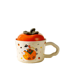 cute persimmon cat ceramic mug with lid on cozy coffee table