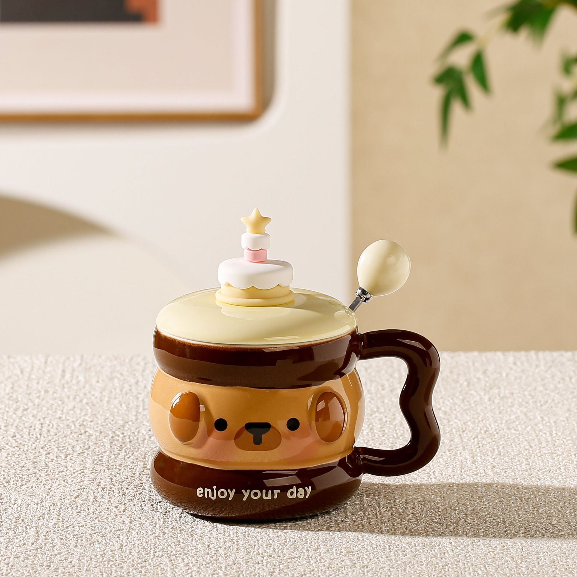 cute animal ceramic mug with lid on cozy desk setup