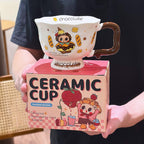 Cute Cartoon Pedestal Ceramic Mug with Two-Tone Handle & Gift Box | Aesthetic 380ml Wavy Footed Coffee Cup for Girls & Birthday Present