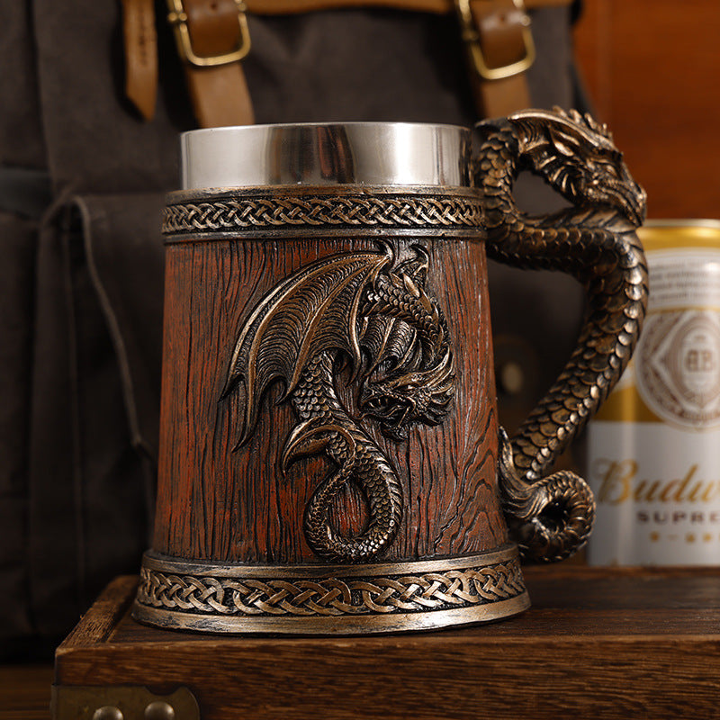 Mythical Dragon Medieval Tavern Beer Mug - Insulated Stainless Steel Tankard with Dragon Handle