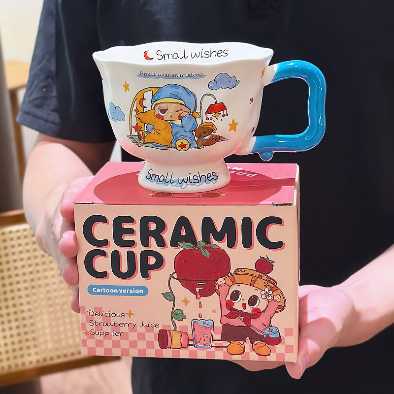 Cute Cartoon Pedestal Ceramic Mug with Two-Tone Handle & Gift Box | Aesthetic 380ml Wavy Footed Coffee Cup for Girls & Birthday Present
