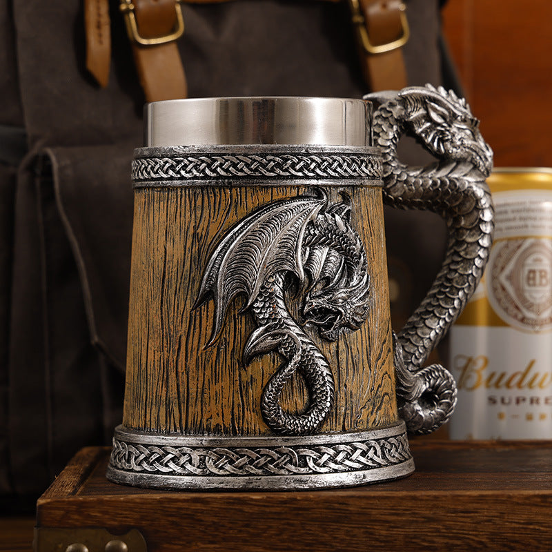 Mythical Dragon Medieval Tavern Beer Mug - Insulated Stainless Steel Tankard with Dragon Handle