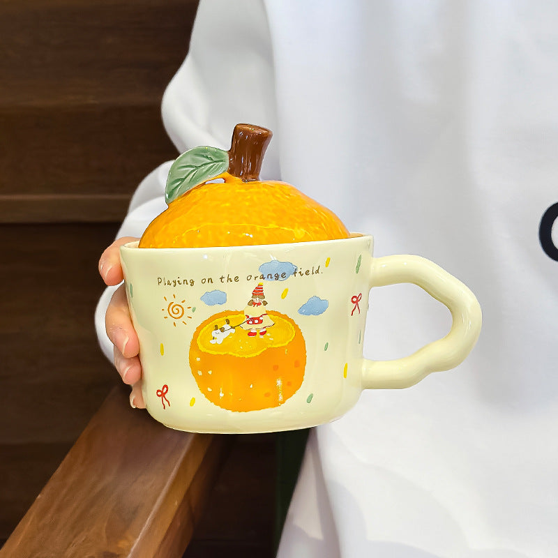 Cute Orange-Shaped Ceramic Mug with Fruit Lid & Gift Box | Aesthetic 330ml Irregular Coffee Cup with Wavy Handle for Office & Birthday Gift
