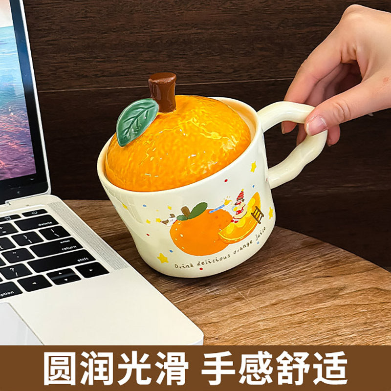 Cute Orange-Shaped Ceramic Mug with Fruit Lid & Gift Box | Aesthetic 330ml Irregular Coffee Cup with Wavy Handle for Office & Birthday Gift