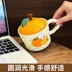 Cute Orange-Shaped Ceramic Mug with Fruit Lid & Gift Box | Aesthetic 330ml Irregular Coffee Cup with Wavy Handle for Office & Birthday Gift