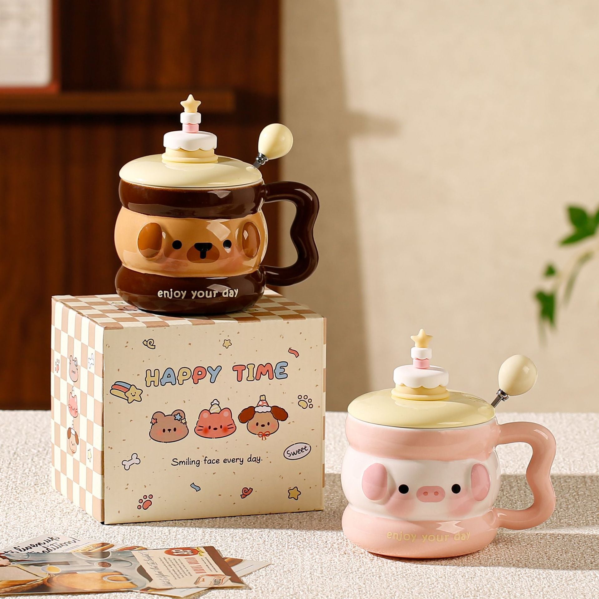 cute animal ceramic mug with lid on cozy desk setup