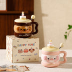 cute animal ceramic mug with lid on cozy desk setup