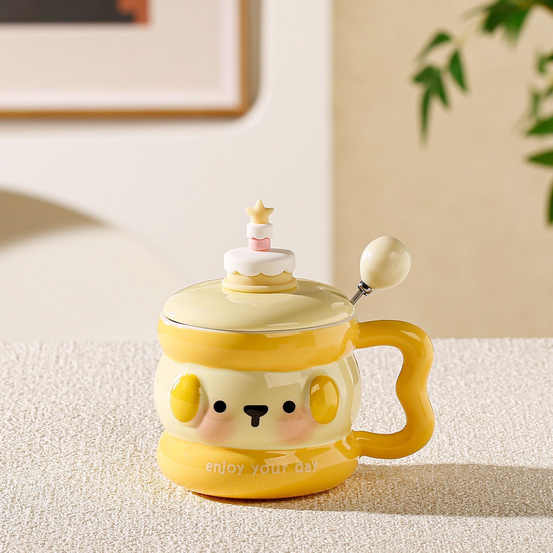 cute animal ceramic mug with lid on cozy desk setup