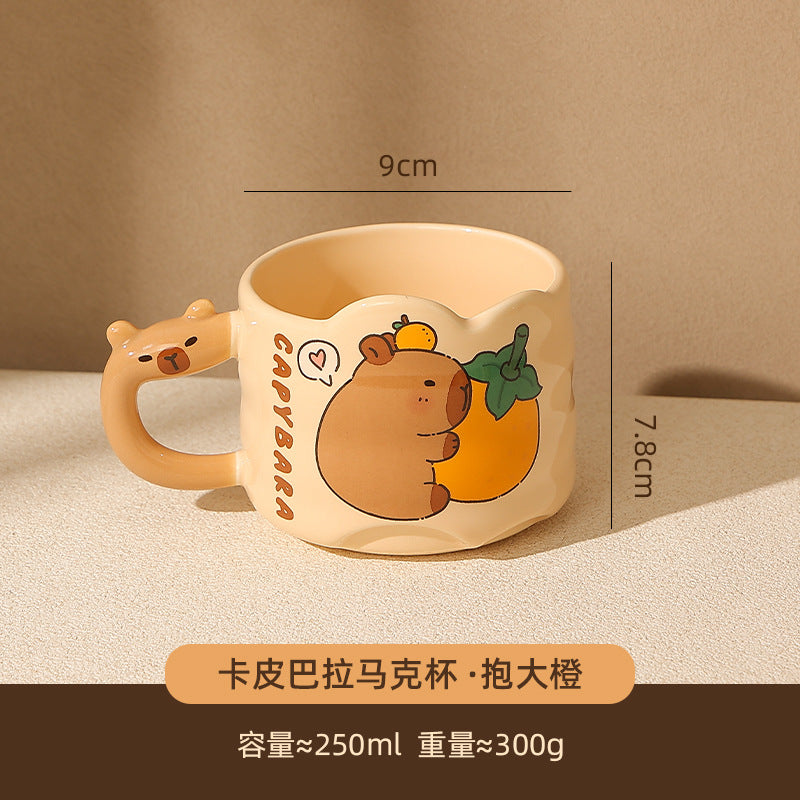 Cute Capybara Ceramic Mug with Animal Silhouette Handle | Aesthetic 300ml Wavy Coffee Cup & Water Glass for Office & Home