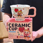 Cute Cartoon Pedestal Ceramic Mug with Two-Tone Handle & Gift Box | Aesthetic 380ml Wavy Footed Coffee Cup for Girls & Birthday Present