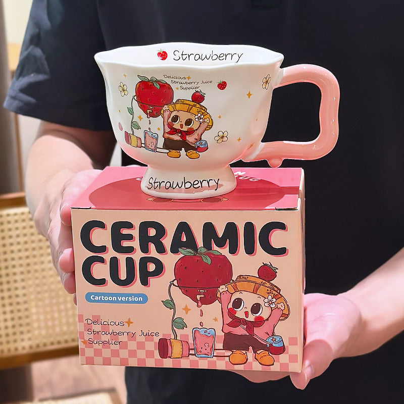 Cute Cartoon Pedestal Ceramic Mug with Two-Tone Handle & Gift Box | Aesthetic 380ml Wavy Footed Coffee Cup for Girls & Birthday Present